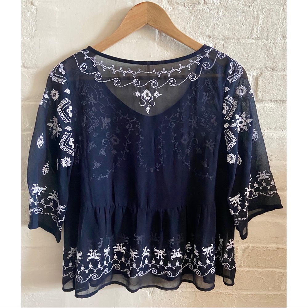 Free People Pennies Sequel embroidered navy blue peplum blouse - Picture 4 of 6